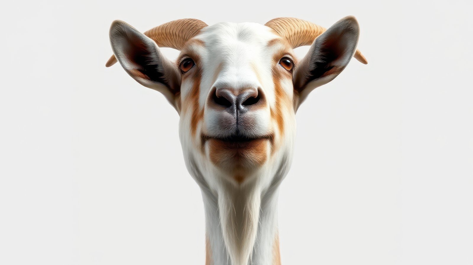 Goat with a friendly expression stands against a plain background showcasing its vibrant features and calm demeanor